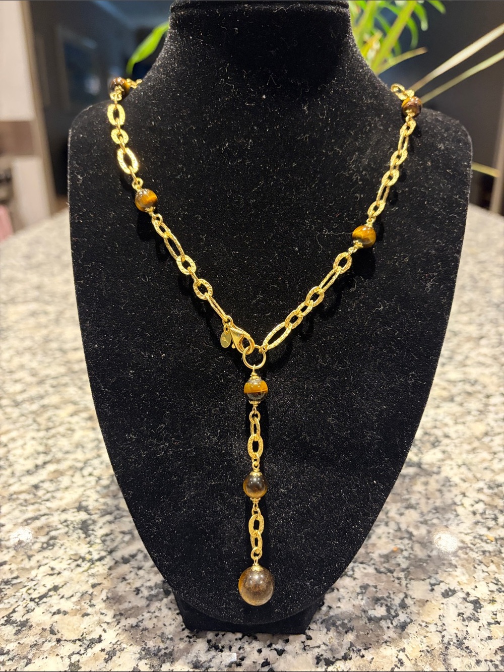 Gold-Tone Chain Y Necklace with Brown Beads - Unbranded